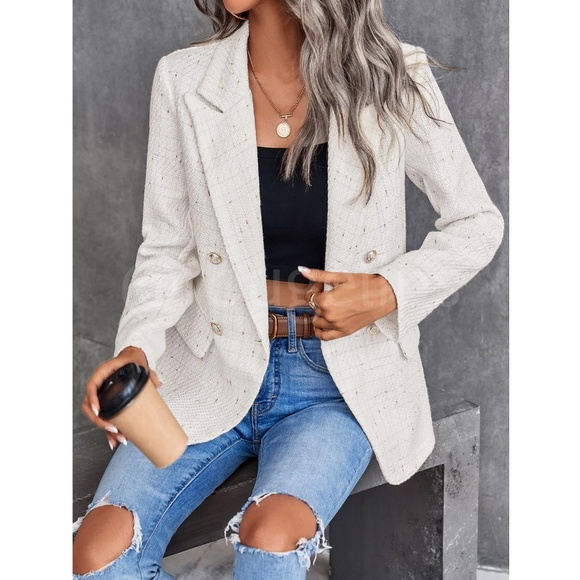 Classic Plaid Tweed Double Breasted White Blazer Jacket Long Sleeve - Picture 2 of 16